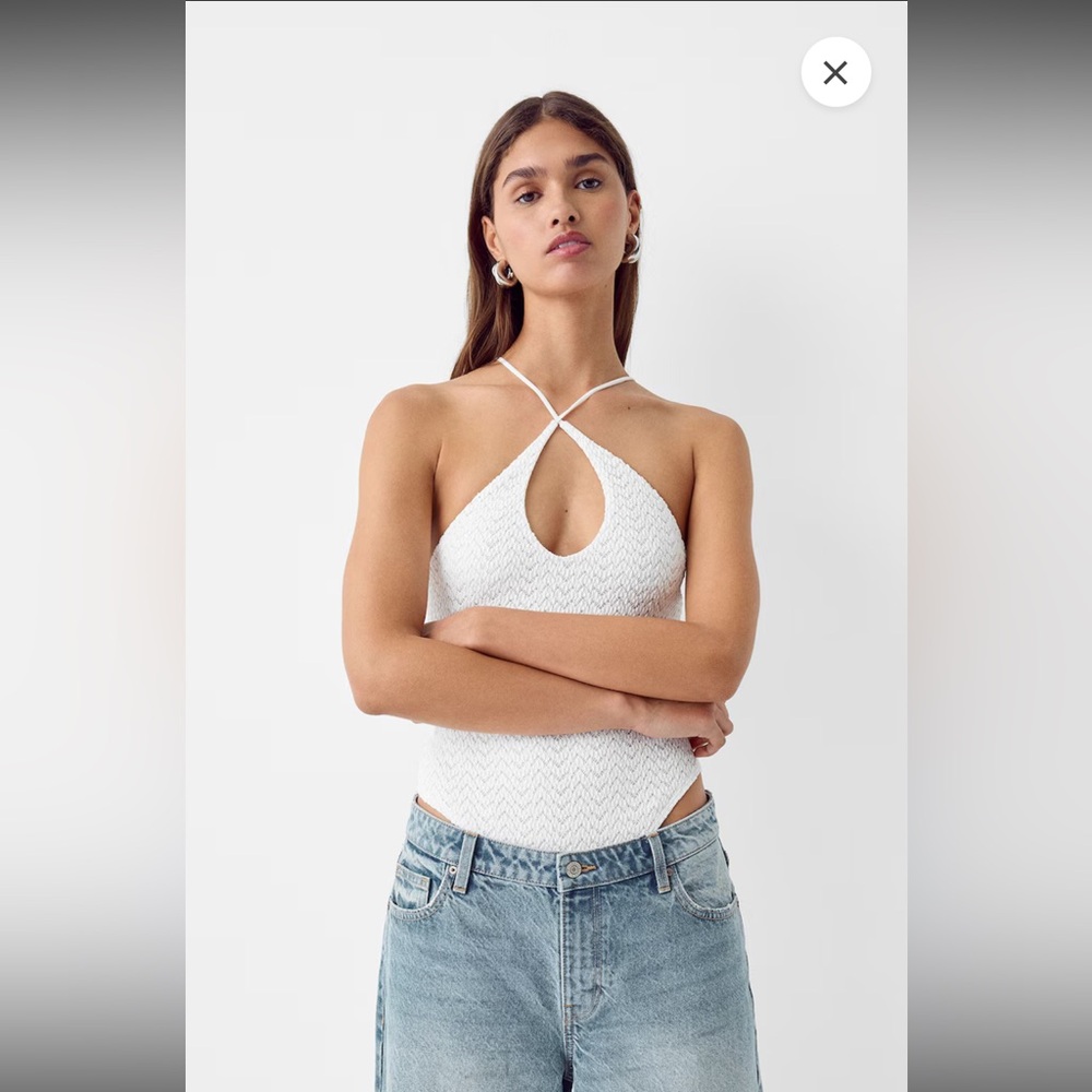 White Halter Neck Top Bershka Knit Open Back Bodysuit Crochet
